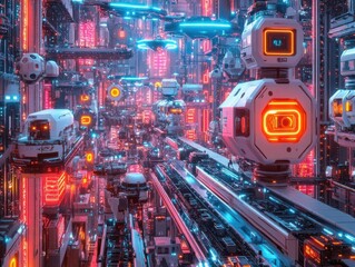 Explore an intricate, futuristic Drone Hub in a metropolis, showcasing an array of robotics and conveyors set against a neon-lit background, rendered in CG 3D