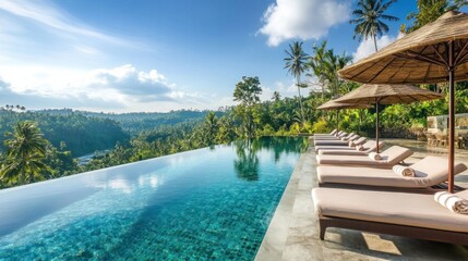Obraz premium A luxurious outdoor pool with elegant lounge chairs, overlooking a vibrant tropical forest under a sunny sky
