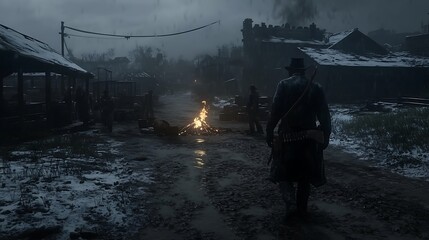 A lone figure walks down a snow-covered street in a dark and desolate town, with a fire burning in the distance.