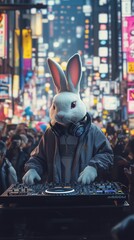 White DJ Easter bunny posing on a busy Shinjuku, Tokyo street with neon vertical signs and crowds of people behind him in smartphone 9:16 aspect ratio.