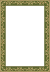Vector square gold with green ancient Russian ornament. Slavic rectangle, border, frame. Painting of the royal chambers