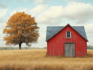 Fototapeta premium A rustic red barn beside a golden tree in a serene autumn landscape.