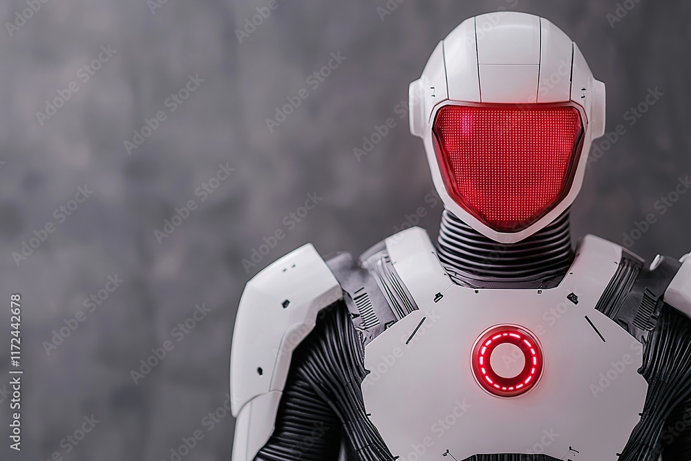 Poster a futuristic robot with a sleek design and glowing red features, set against a textured gray backgro