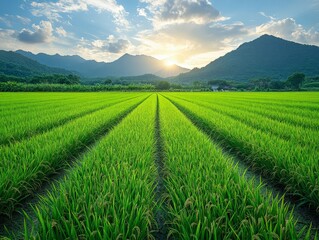 Lush green rice fields under a sunset with mountains in the background.