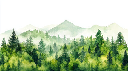 Fototapeta premium serene watercolor landscape featuring lush green forests and mountains