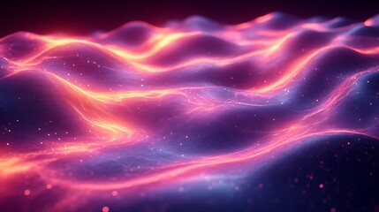 Abstract pink and orange glowing waves with particles.