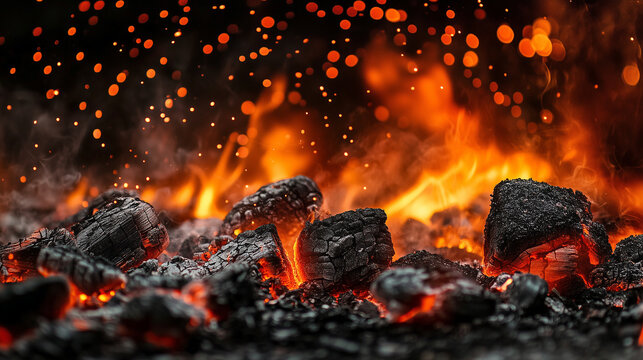 Glowing hot coals and sparks in a fiery flame environment.