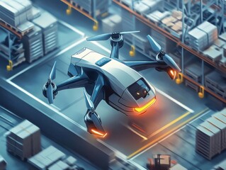 Illustrate a futuristic Cargo Drone navigating through a bustling warehouse, merging technology with efficiency
