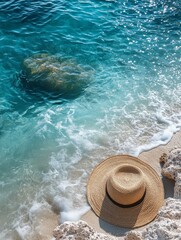 A straw hat rests on a sandy beach beside clear turquoise water, evoking relaxation and leisure.