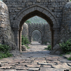 Obraz premium Stone archway entrance, fort path, mountain backdrop, historical setting