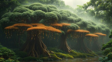 Forest of umbrella trees actually sheltering smaller plants from golden rain