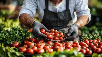 Farmer inspecting cherry tomatoes at market.