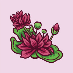 Illustration of Vibrant Red Lotus Flowers with Green Leaves