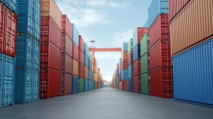 Fototapeta premium Container Yard Perspective with Colorful Cargo Containers and Clear Blue Sky in Industrial Setting