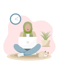 Illustration of a hijab woman working on a laptop in a cozy space with a relaxed cat and indoor plants. Ideal for themes about remote work, comfort, and modern lifestyles