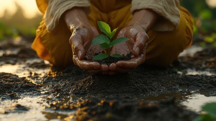Farmer planting sapling, sunset field, muddy soil, environmental conservation.