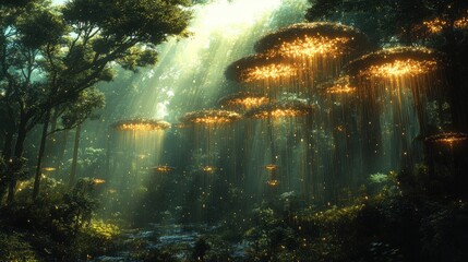 Forest of umbrella trees actually sheltering smaller plants from golden rain