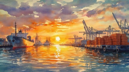 Naklejka premium Illustrate a watercolor scene of a bustling cargo dock at sunset, with crates being loaded onto ships Portray the warm colors reflecting on the water