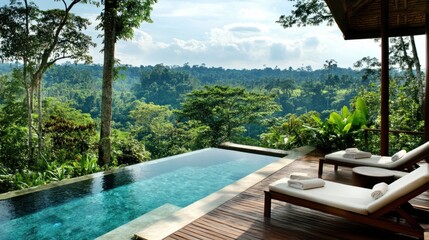 Obraz premium A modern poolside terrace with wooden decking, surrounded by lush greenery and offering tropical valley views