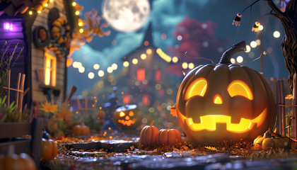 A vibrant Halloween night scene with illuminated pumpkins and lights.