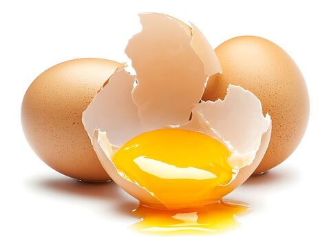 Broken raw egg with shell on white background highlighting fresh yolk and egg white for culinary and food photography