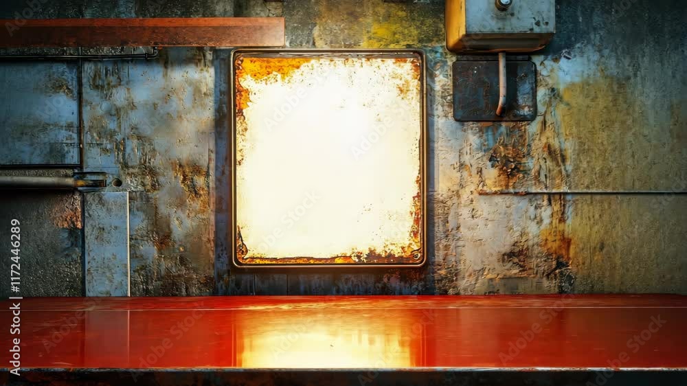 Poster rusty metal surface with empty frame and warm light reflecting on a wooden table