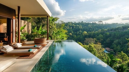 A modern villa terrace with a shimmering infinity pool, overlooking a vibrant tropical forest and hills