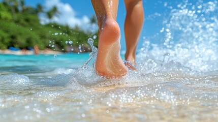 Feet walking on beach, ocean waves splash, tropical background; summer vacation imagery.