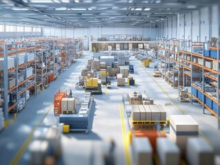 Produce an eye-catching 3D rendering of a Tech-optimized Warehouse bustling with activity