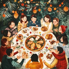 Festive friends' Christmas dinner gathering.