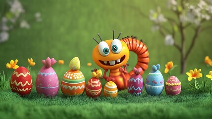 Playful Caterpillar and Decorated Easter Eggs in a Whimsical Spring Scene