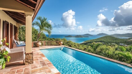 Obraz premium A picturesque villa terrace featuring a sparkling pool and panoramic views of a tropical island landscape