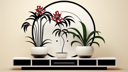 Serene Minimalist Home Decor: Plants in White Pots on Modern Shelf