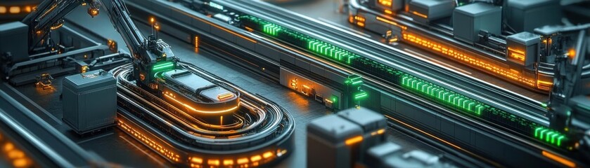 Obraz premium Render a futuristic cargo management center with interconnected conveyor belts, glowing green terminals, and robotic arms in motion