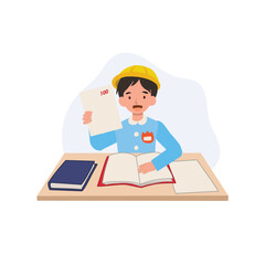 joyful preschool boy in japanese school uniform sitting at desk with full score achieving school success
