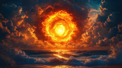 Fiery sunset over ocean; swirling clouds, dramatic sky; nature background image.