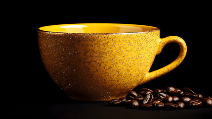 Yellow Coffee Cup with Glittery Coffee and Roasted Beans on Black Background