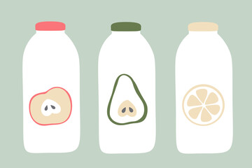 Modern Minimalistic Fruit Set, apple, pear, orange, lime, citrus, grapefruit  in simple flat style isolated on white background. Collection of vector fruit juice bottle.