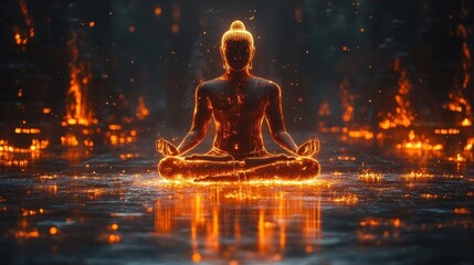 Fiery yoga meditation amidst flames; spiritual strength.