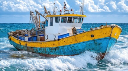 Fishing boat sailing on wavy sea, sunny day. Use travel, tourism.