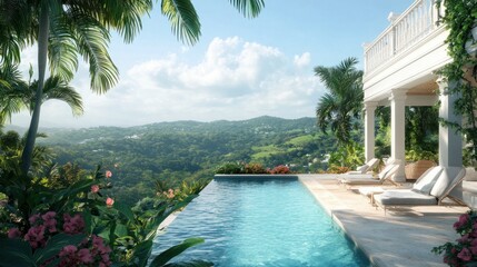 A serene poolside terrace surrounded by tropical flora, with sweeping views of a green valley and hills