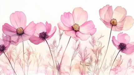 Watercolor Illustration set of Pink cosmos flowers on a white background,spring summer nature,Vibrant pink cosmos blooming,Children's card,banner,raindrops drawn by hand.