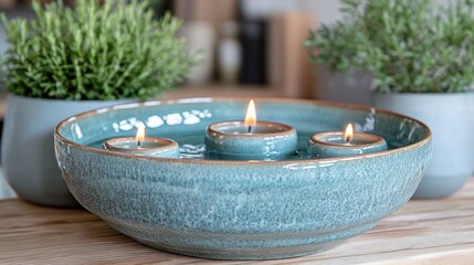 Floating candles in teal bowl, tranquil spa setting, relaxation.