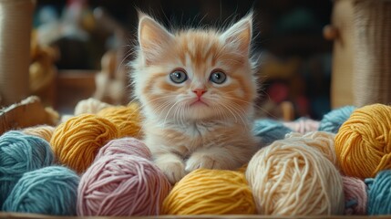 Fluffy ginger kitten amidst colorful yarn balls.