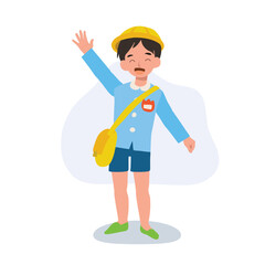 Cheerful Japanese Preschool Boy in Traditional Uniform Waving Goodbye
