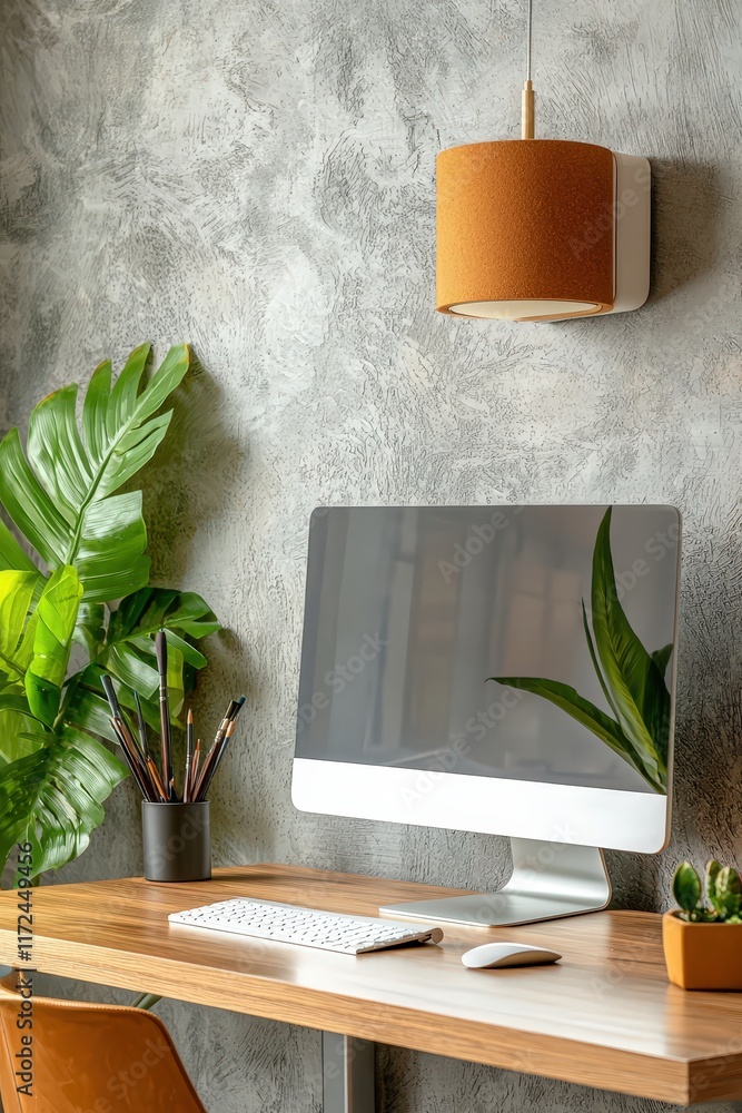 Aufkleber a photostock of a minimalistic workspace with a sleek monitor and keyboard