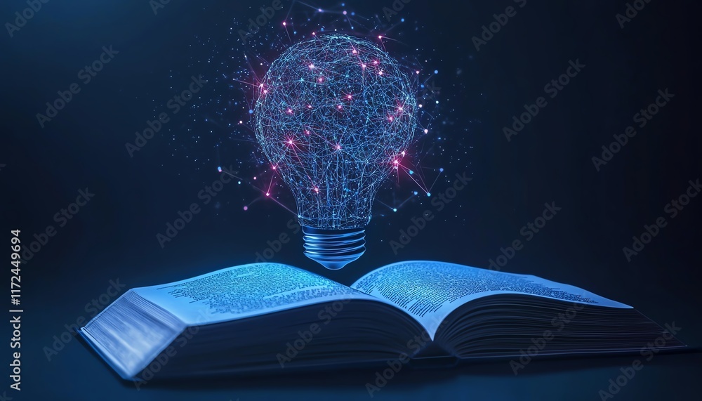 Poster Machine learning and artificial intelligence visual, light bulb with virtual AI elements above an open book