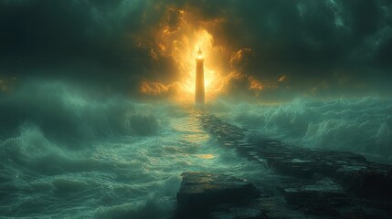 Lighthouse beam transforming into a bridge of light across stormy seas