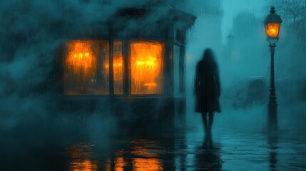 Foggy night street, woman walking past shop, misty scene, urban mystery, atmospheric mood, ideal for suspense films.