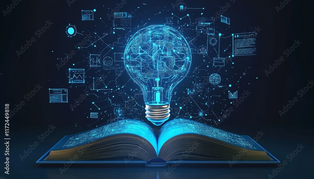 Poster Machine learning and artificial intelligence visual, light bulb with virtual AI elements above an open book